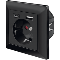 Black LogiLink wall outlet with 1 socket, USB-A port, and USB-C port, sleek square design.