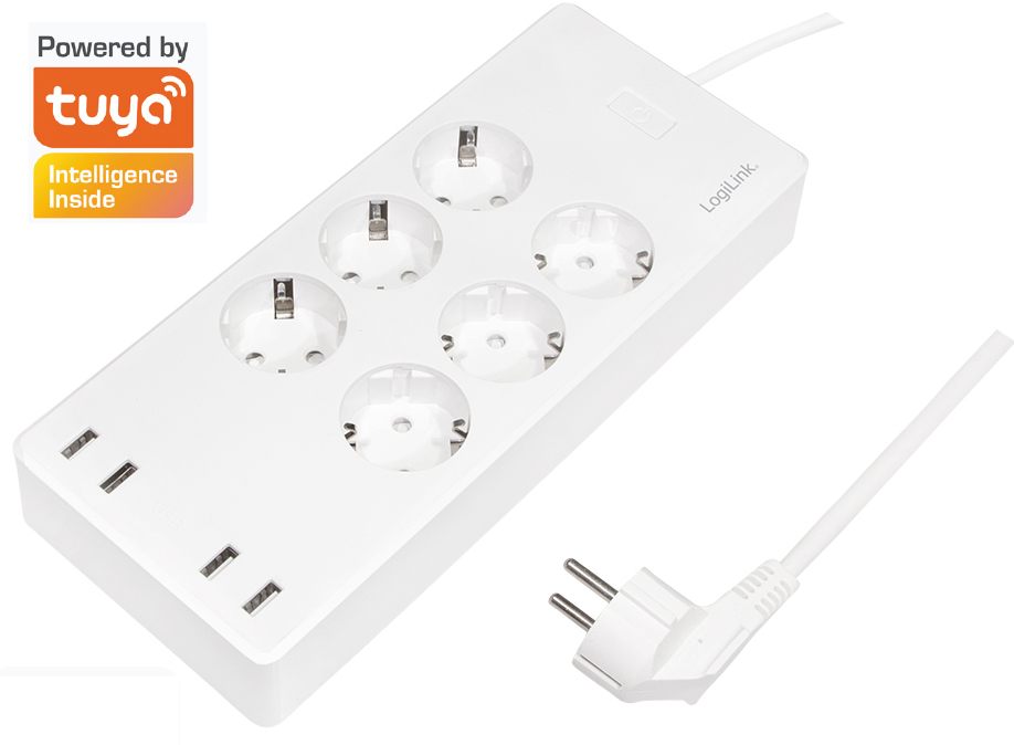 White LogiLink Wi-Fi smart socket outlet featuring six CEE 7/3 power sockets and four USB ports, with a power cord on one side and a Tuya logo indicating smart technology.