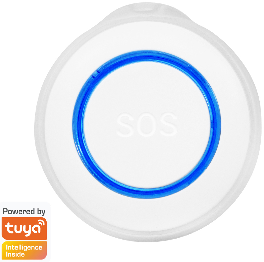 White circular WiFi smart SOS button with a blue illuminated ring, featuring "SOS" text in the center, and a "Powered by Tuya" logo in the bottom left corner.