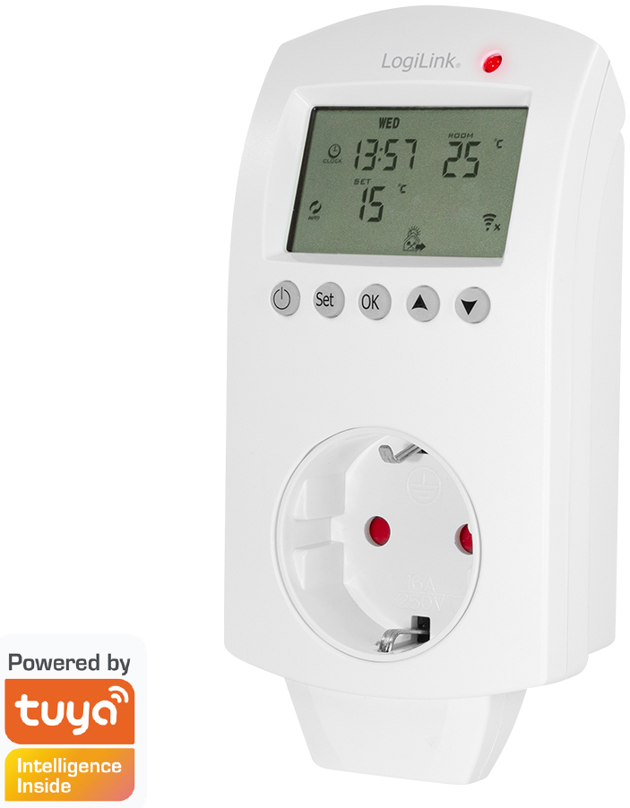 White LogiLink WiFi Smart Thermostat Socket with a digital display showing time and temperature, featuring buttons for settings and a red indicator light, compatible with Tuya.