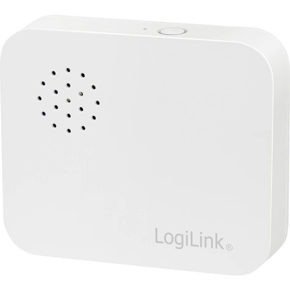 White LogiLink WiFi Smart Vibration Sensor with a smooth surface, small speaker holes on one side, and a single button on the top, compatible with Tuya smart home systems.