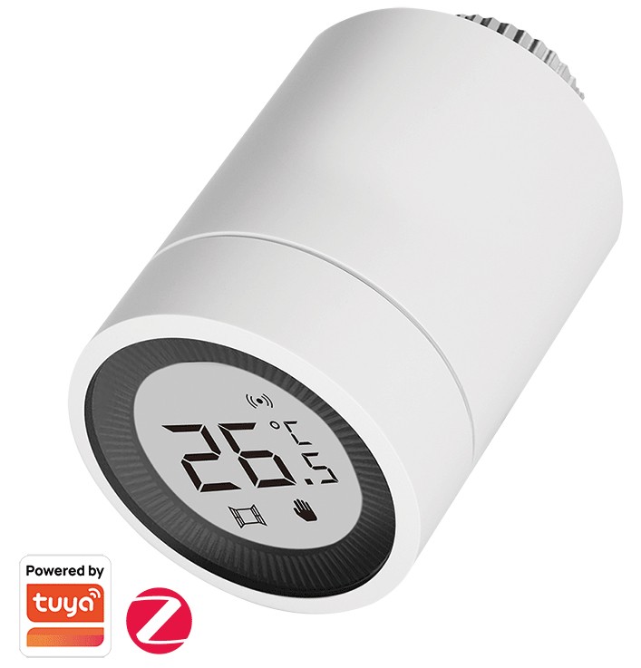 White LogiLink Zigbee Smart Thermostat Radiator Valve with an LCD display showing a temperature of 26°C, featuring a sleek cylindrical design and Tuya compatibility logo.