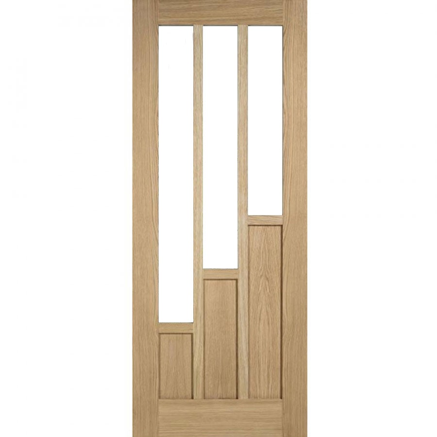 Unfinished oak door featuring three vertical glass panels and a modern design, measuring 1981 x 686 x 35mm, showcasing natural wood grain and clean lines.