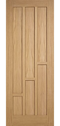 Unfinished oak door featuring a modern design with vertical and horizontal paneling, measuring 2040 x 726 x 40mm, showcasing natural wood grain texture.