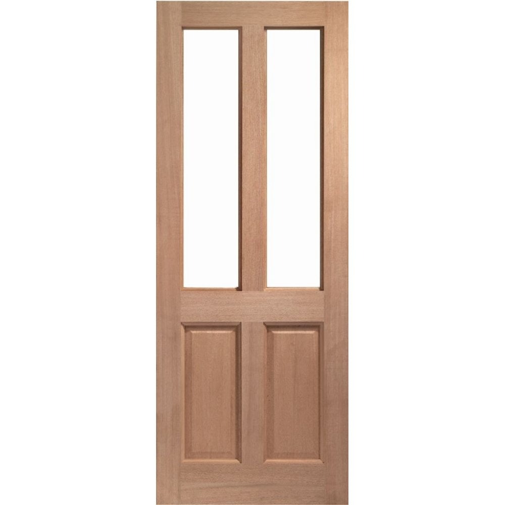 Unglazed external hardwood door featuring two rectangular glass panels at the top, a smooth natural wood finish, and two lower raised panel sections.