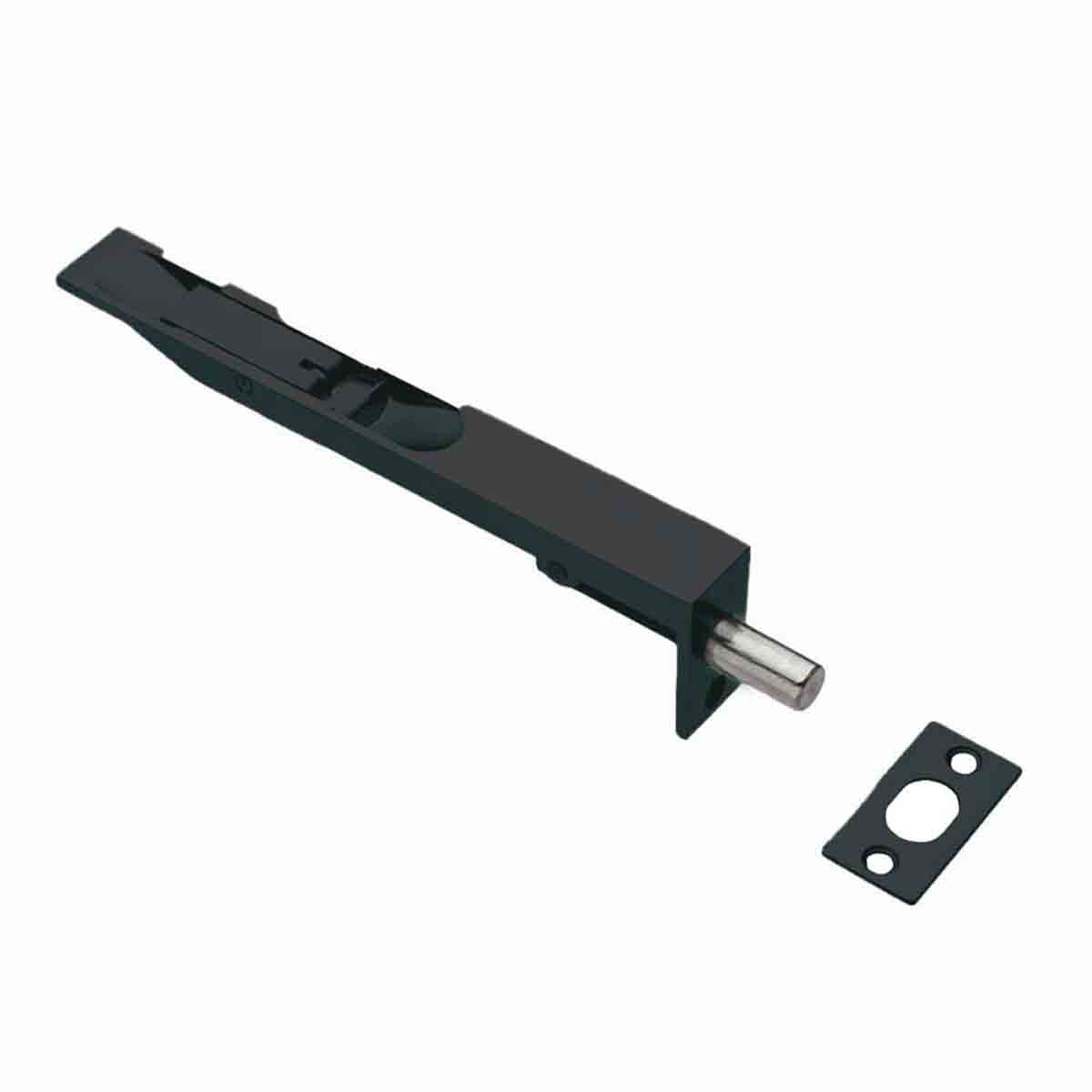 Matt black flush bolt hardware with a sleek design, featuring a metal bolt and a matching strike plate for internal doors.