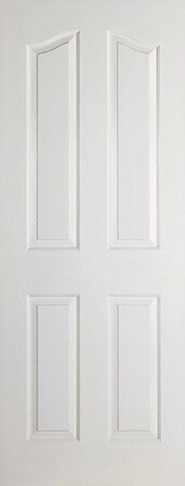 Primed white internal door featuring a four-panel design with raised edges, measuring 1981mm x 610mm x 35mm, suitable for interior use.