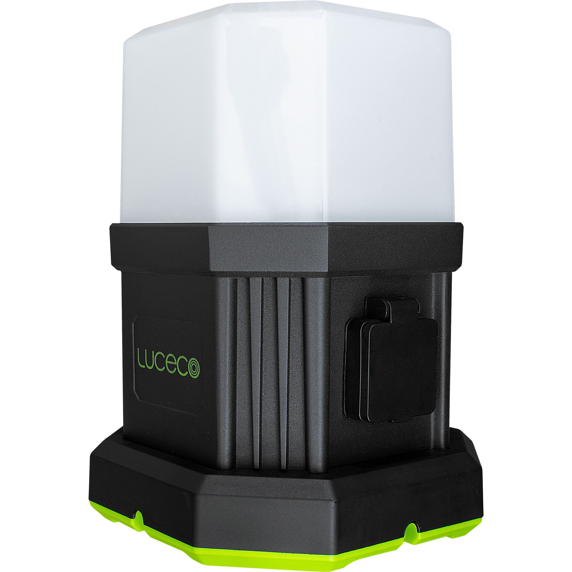 Heavy-duty green Luceco worklight with a sturdy black base, featuring a frosted white lamp cover and a side power switch, providing 7150 lumens for open area illumination.