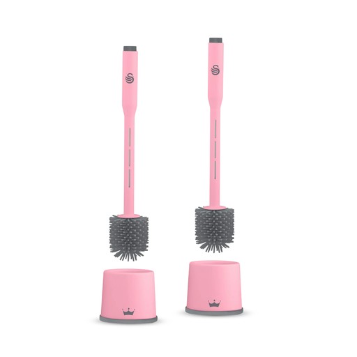 Two pink toilet brushes with gray bristles, each in a matching pink holder, featuring a sleek design and Swan logo on the handle.