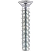 Timco machine screw, Philips head, countersunk, bright zinc plated, threaded shaft, metallic silver finish.