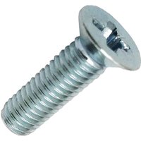 Machine screw with Pozi countersunk head, bright zinc plated finish, threaded shaft, by Timco.