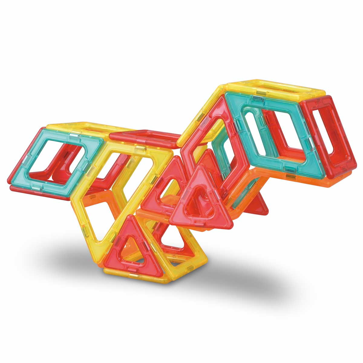 Colorful 36-piece dinosaur building set featuring transparent red, yellow, and teal geometric shapes that connect to create various dinosaur forms.