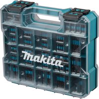 Makita 100 piece impact black screwdriver bit set in a clear plastic case with teal accents and a sturdy handle.