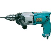 Blue and silver Makita percussion drill with side handle and black grip, featuring a 750W motor and 240V power.