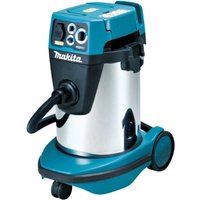 Makita 240V corded dust extractor, H-Class, 32L, teal and black with wheels and control panel on top.