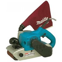 Makita belt sander with blue body, black handle, silver base, and maroon dust bag.