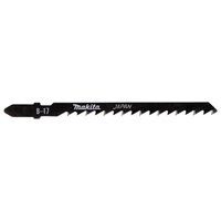 Black Makita B-17 wood cutting T shank jigsaw blade with sharp teeth and brand logo.