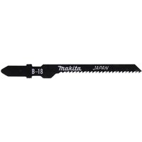 Black Makita B-18 T shank jigsaw blade with sharp curved teeth and "Makita Japan" text on the side.