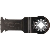 Black Makita B-64858-5 saw blade with high carbon steel, toothed edge, and multiple mounting holes.