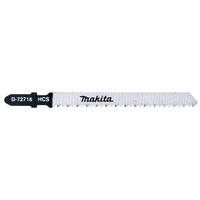 Makita D-72718 T Shank jigsaw blade, silver with black label, serrated edge for wood cutting.