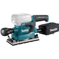 Teal and black Makita cordless finishing sander with ergonomic handle and dust bag attachment, 18V bare unit.