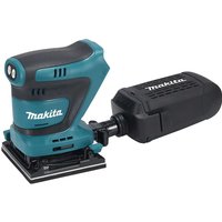 Makita DBO481 18v LXT cordless sander, teal and black with ergonomic grip and dust collection box.