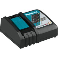 Makita DC18RC battery charger, black with teal accents, LED indicator panel, and AC plug slot.