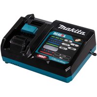 Makita DC40RA 40v Max XGT fast battery charger, black with blue accents, LED indicators, and charging port.