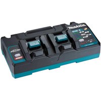 Black and teal Makita DC40RB 40v Max XGT twin port battery fast charger with LED indicators and dual slots.