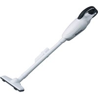 White Makita cordless vacuum cleaner with black handle and long nozzle, designed for lightweight cleaning tasks.