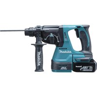 Makita blue and black cordless brushless SDS Plus hammer drill with side handle and 18v LXT battery.