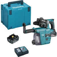Makita blue cordless SDS Plus drill with dust attachment, battery, charger, and carrying case.