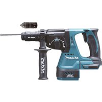 Makita blue and black cordless hammer drill with side handle and SDS Plus chuck, featuring a brushless motor.