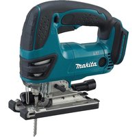 Makita DJV180 18v LXT cordless jigsaw, teal and black, ergonomic handle, visible blade, and adjustable base.