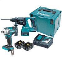 Makita cordless SDS drill and impact wrench kit with teal casing, two batteries, charger, and carrying case.