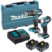 Makita cordless drill and impact driver kit with teal accents, charger, two batteries, and a blue carrying case.