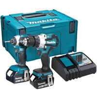 Makita cordless drill and impact driver kit with teal case, black handles, and battery charger.