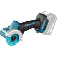 Makita DMC300 cordless disc cutter, teal and black, brushless motor, 76mm blade, ergonomic handle, 18v LXT battery slot.