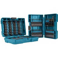 Blue Makita drill bit set with 90 pieces in a sturdy plastic case, featuring organized rows of various bit sizes.