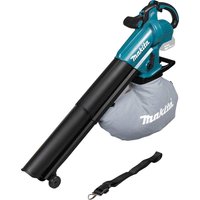 Makita DUB187 teal and black cordless blower with brushless motor, vacuum bag, and shoulder strap.