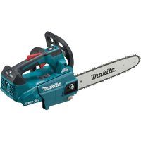 Makita DUC306 cordless chainsaw, teal body, black top handle, 300mm bar, brushless motor, twin 18v LXT batteries.