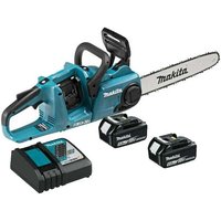 Makita blue cordless chainsaw with 35cm blade, easy tension system, two 5Ah batteries, and a charger.