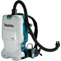 Makita cordless backpack vacuum, white and teal, with HEPA filter, adjustable straps, and flexible black hose.