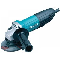 Blue and black Makita angle grinder with paddle switch, side handle, and circular grinding disc.