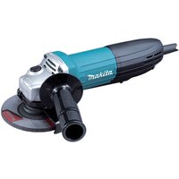 Makita GA4034 angle grinder, teal body, black paddle switch, side handle, and 100mm grinding disc.