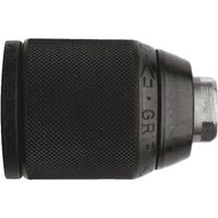 Black Makita keyless drill chuck with textured grip and metallic tip.
