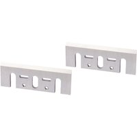 Makita 82mm HSS replacement planer blades, silver with mounting holes and notches, set of two.