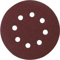 Makita 125mm red abrasive disc with eight holes for dust extraction, textured surface.