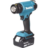 Black and teal Makita heat gun with ergonomic handle and vented nozzle, featuring a compact design and battery slot.