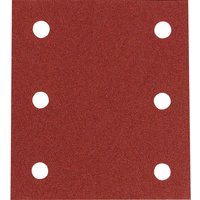 Red Makita hook and loop sanding sheet with six circular holes evenly spaced.